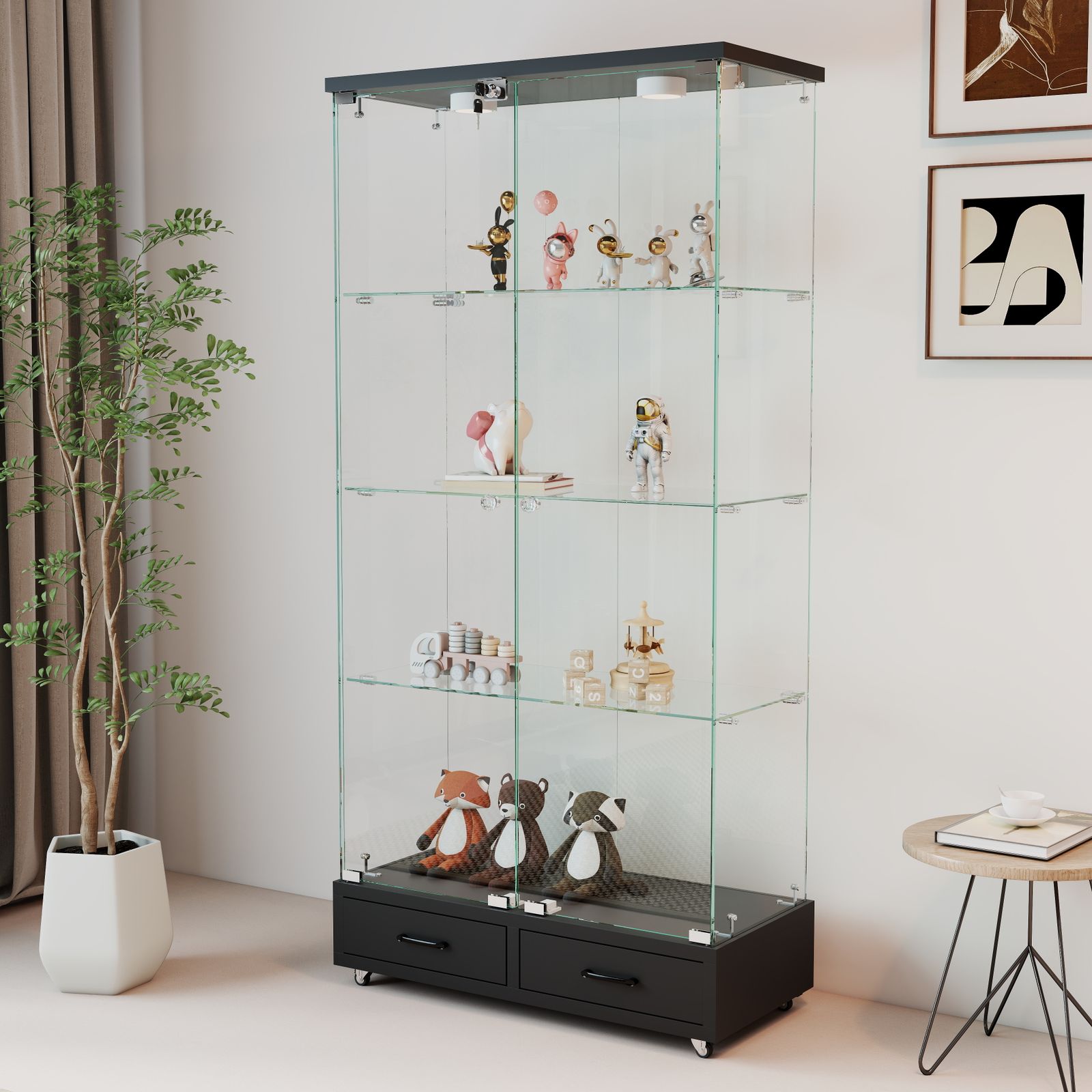 LED照明・引き出し付き ガラス収納キャビネット｜ロック付き強化ガラス