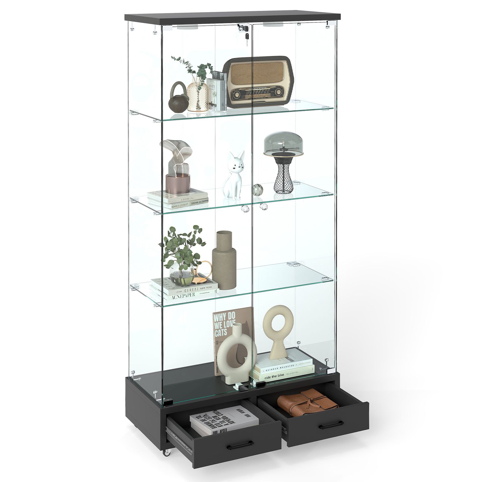 LED照明・引き出し付き ガラス収納キャビネット｜ロック付き強化ガラス