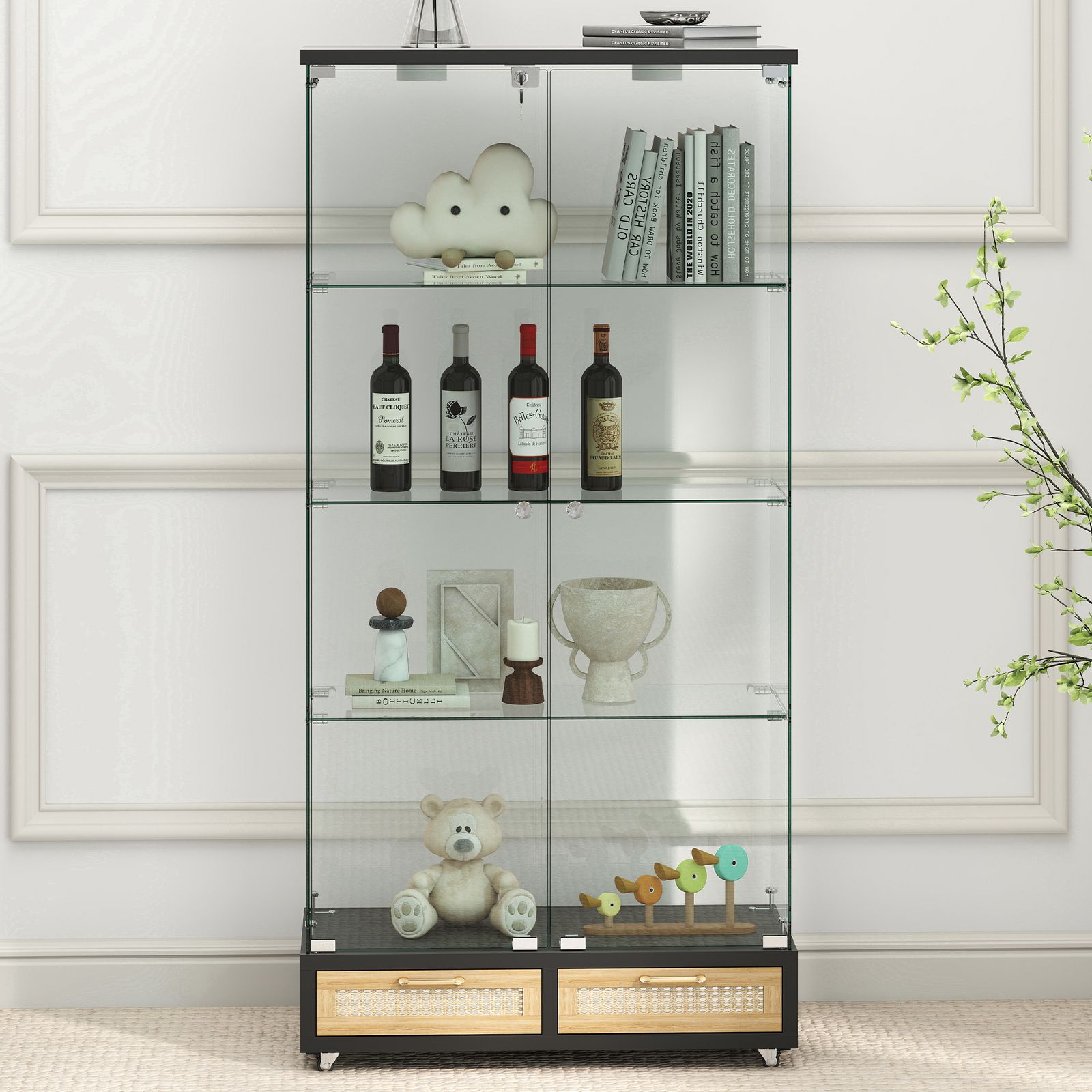 LED照明・藤編み引き出し付き ガラス収納キャビネット｜ロック付き強化