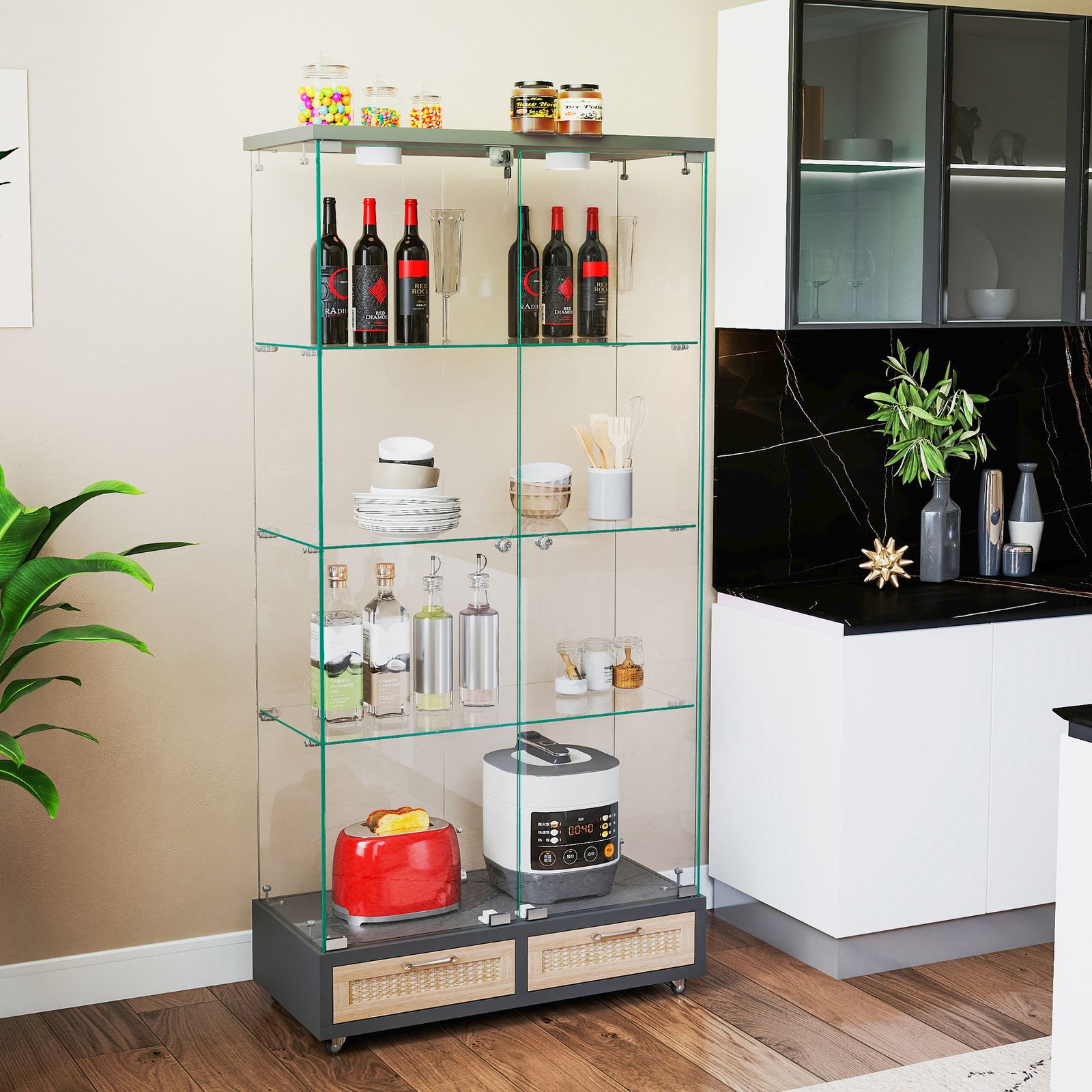 LED照明・藤編み引き出し付き ガラス収納キャビネット｜ロック付き強化