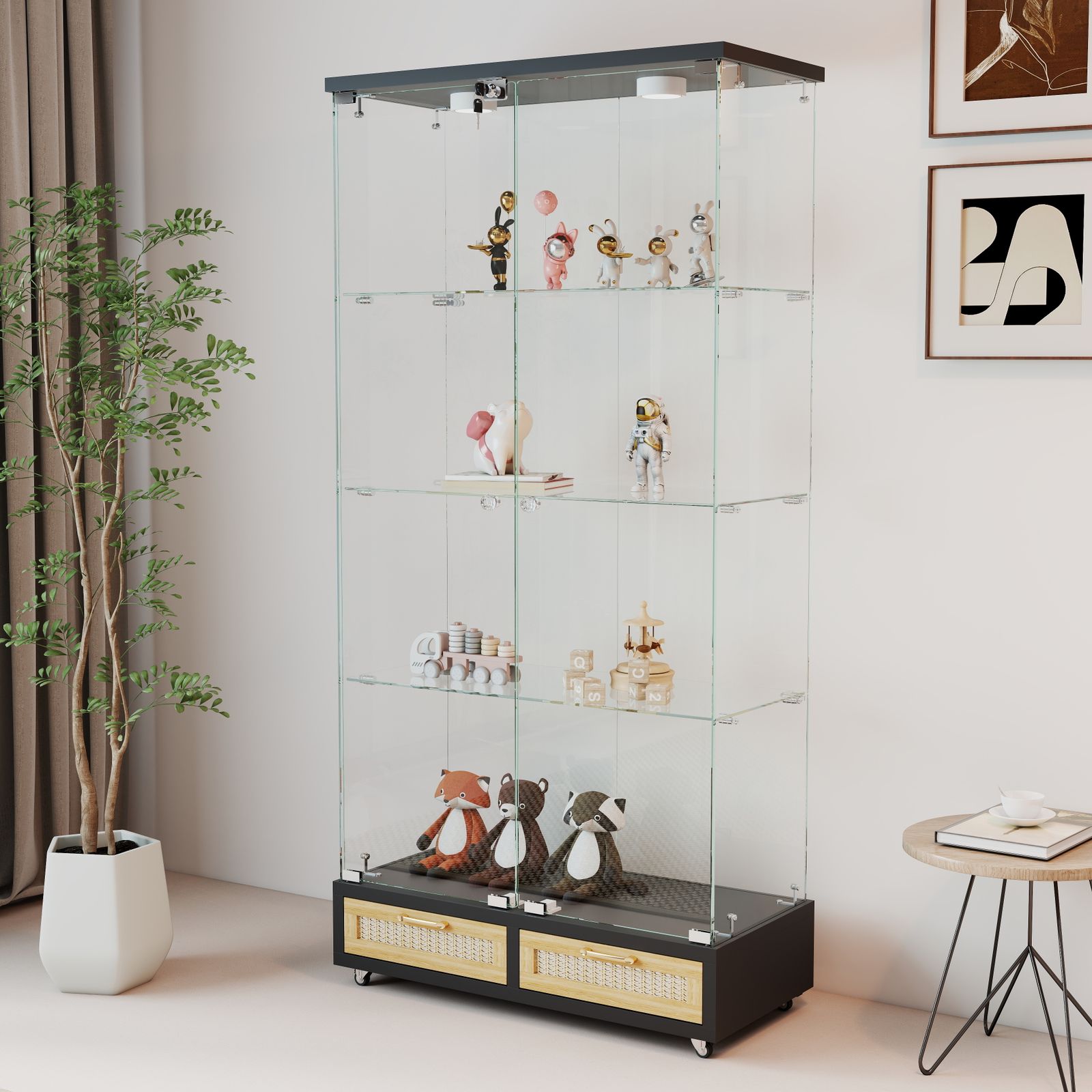 LED照明・藤編み引き出し付き ガラス収納キャビネット｜ロック付き強化