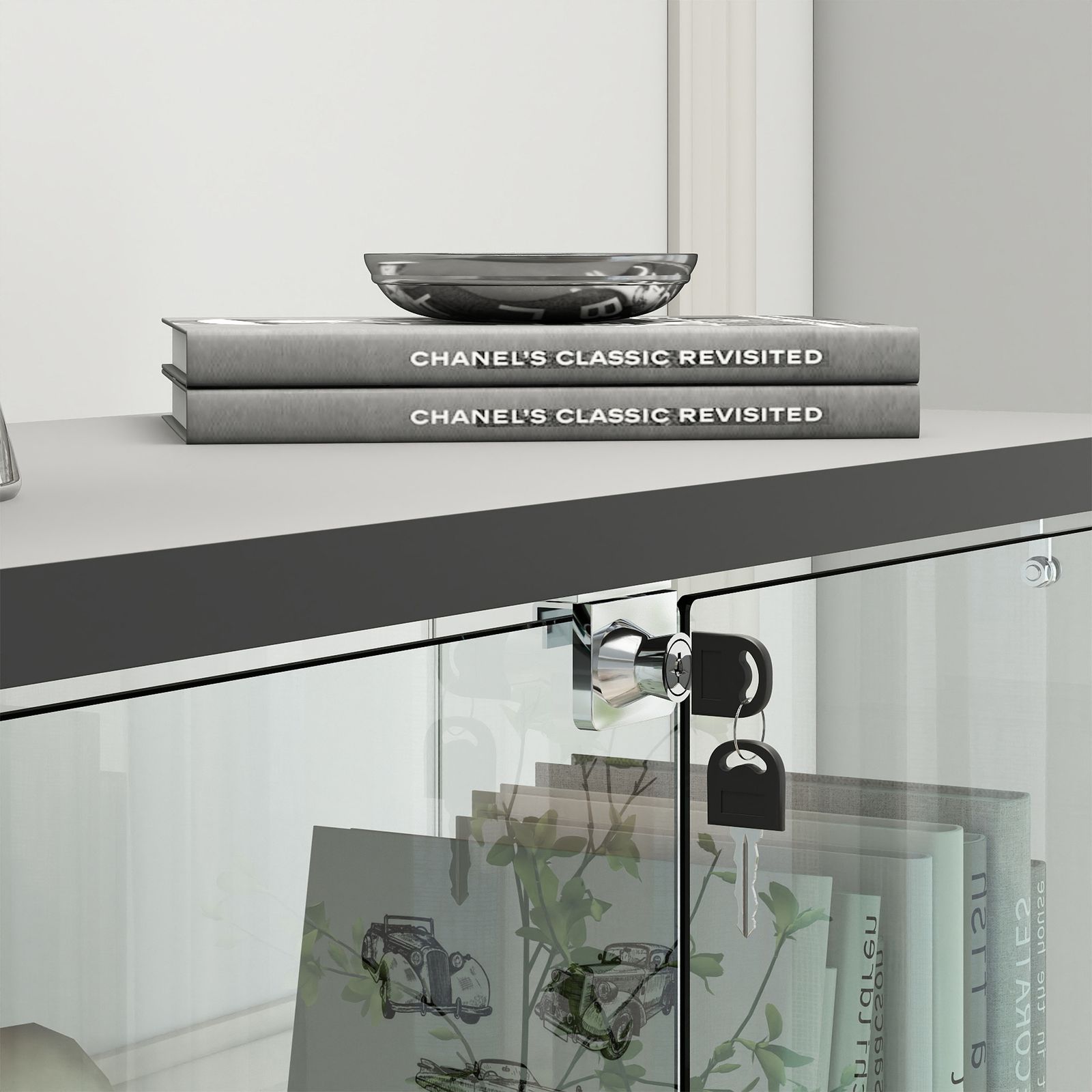 LED照明・藤編み引き出し付き ガラス収納キャビネット｜ロック付き強化