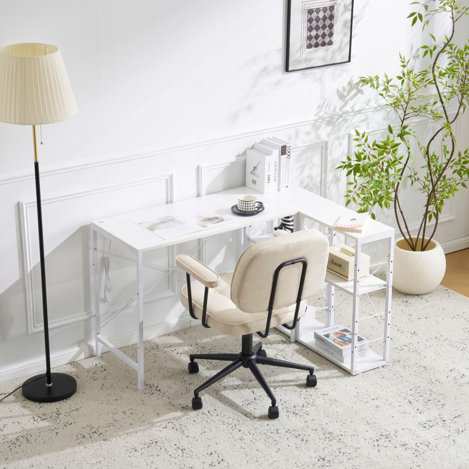 【ホワイト】一体分離多用型パソコンデスク ラック付 ワークデスク 木製 学習用 木目調 ホワイト 一体分離多用型パソコンデスク パソコンデスク ラック