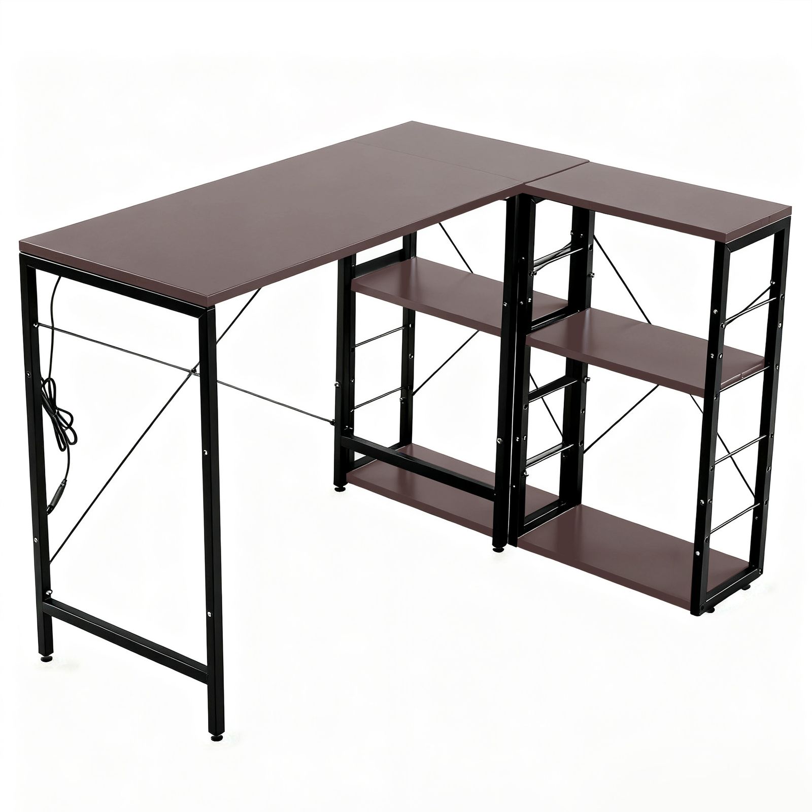 set ブラウン 一体分離多用型パソコンデスク+オフィスチェア パソコン