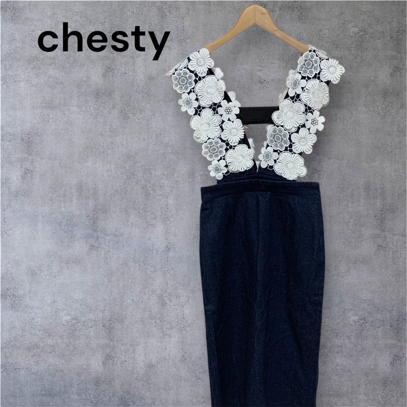 chesty 2way フラワー レース ジャンパースカート デニムワンピース