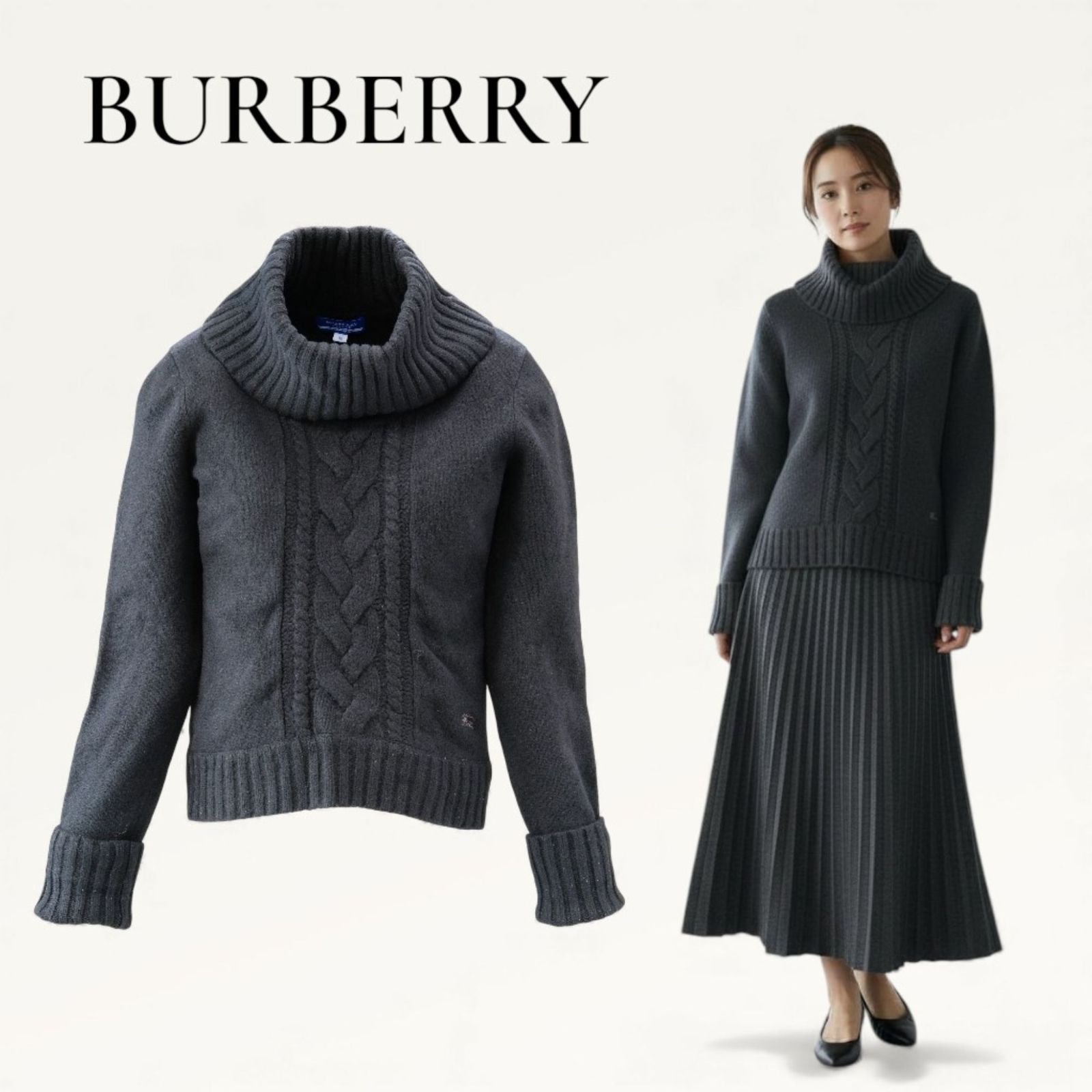 Ezbuy公式アカウント01 様用美品 バーバリー ブラック ハイネック ニット BURBERRY BLUE LABEL カシミヤ混 ケーブルニット ハイネック セーター