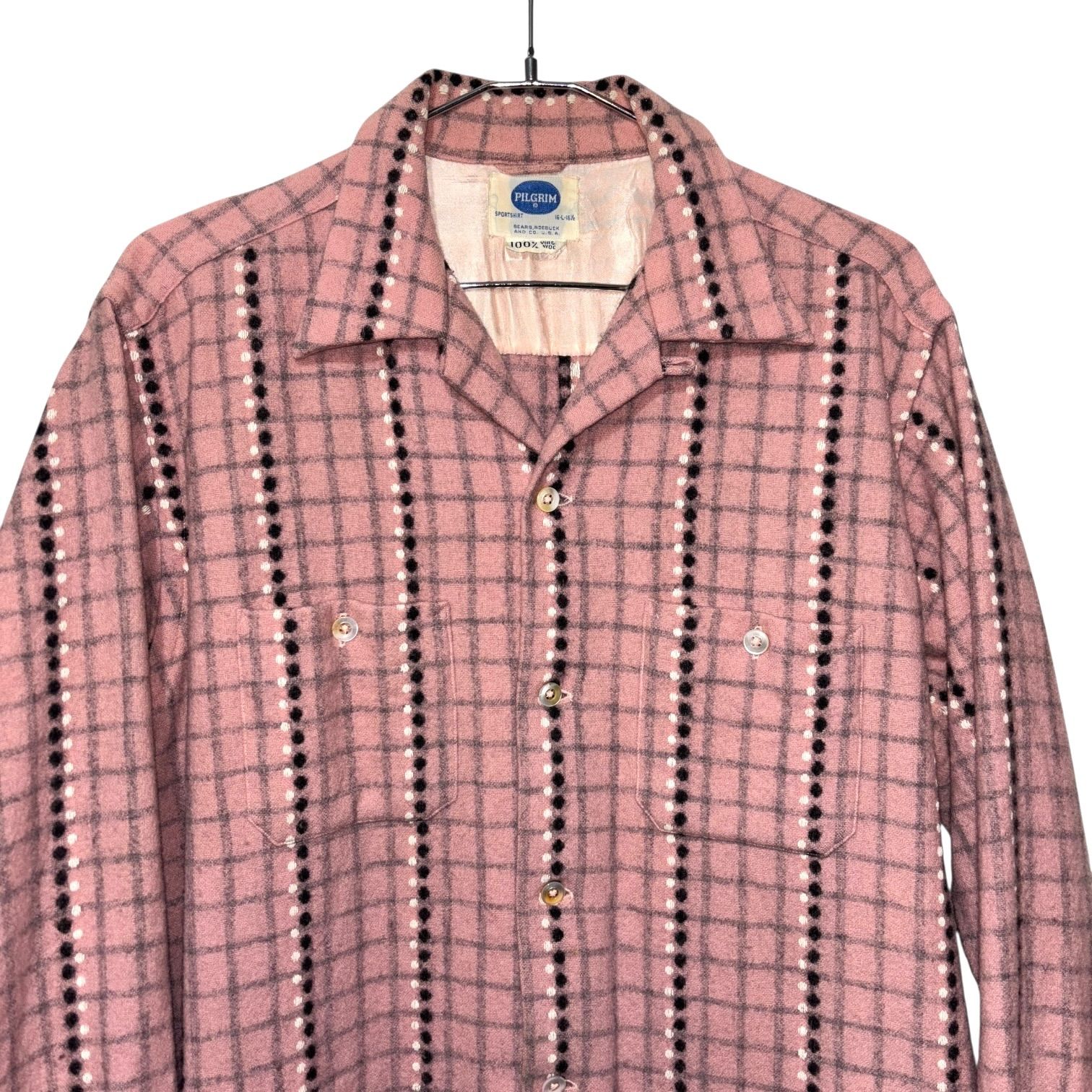 50s VINTAGE PILGRIM DOT OPEN COLLAR WOOL SHIRT L PINK ピルグリム