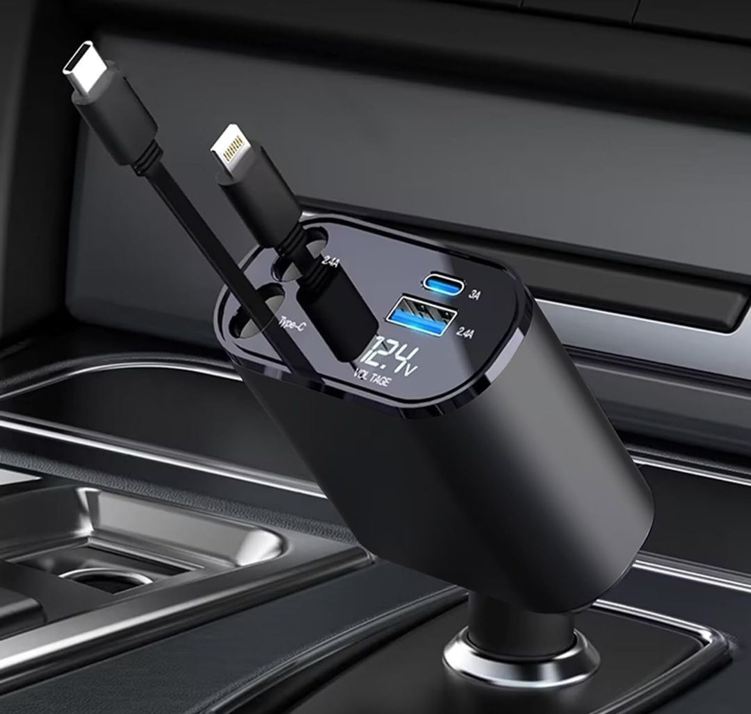 ☆車 シガーソケット 充電器 USB 巻き取り式ケーブル2本