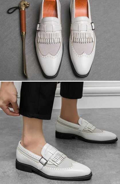 種類29：ホワイト/24.5cm ローファー メンズ レザー フリンジ