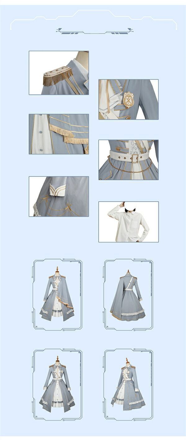 ミニロリ 軍服ロリータ ゴスロリ フルセット ワンピース 長袖あり 肩章 大正風 ペリースマント 全掛マント ミリタリーロリィタ ホワイト 白 ブルー 膝丈 レディース エポレット 女の子 膝丈ワンピース ロリドレス 萌え萌え 少女ウェア