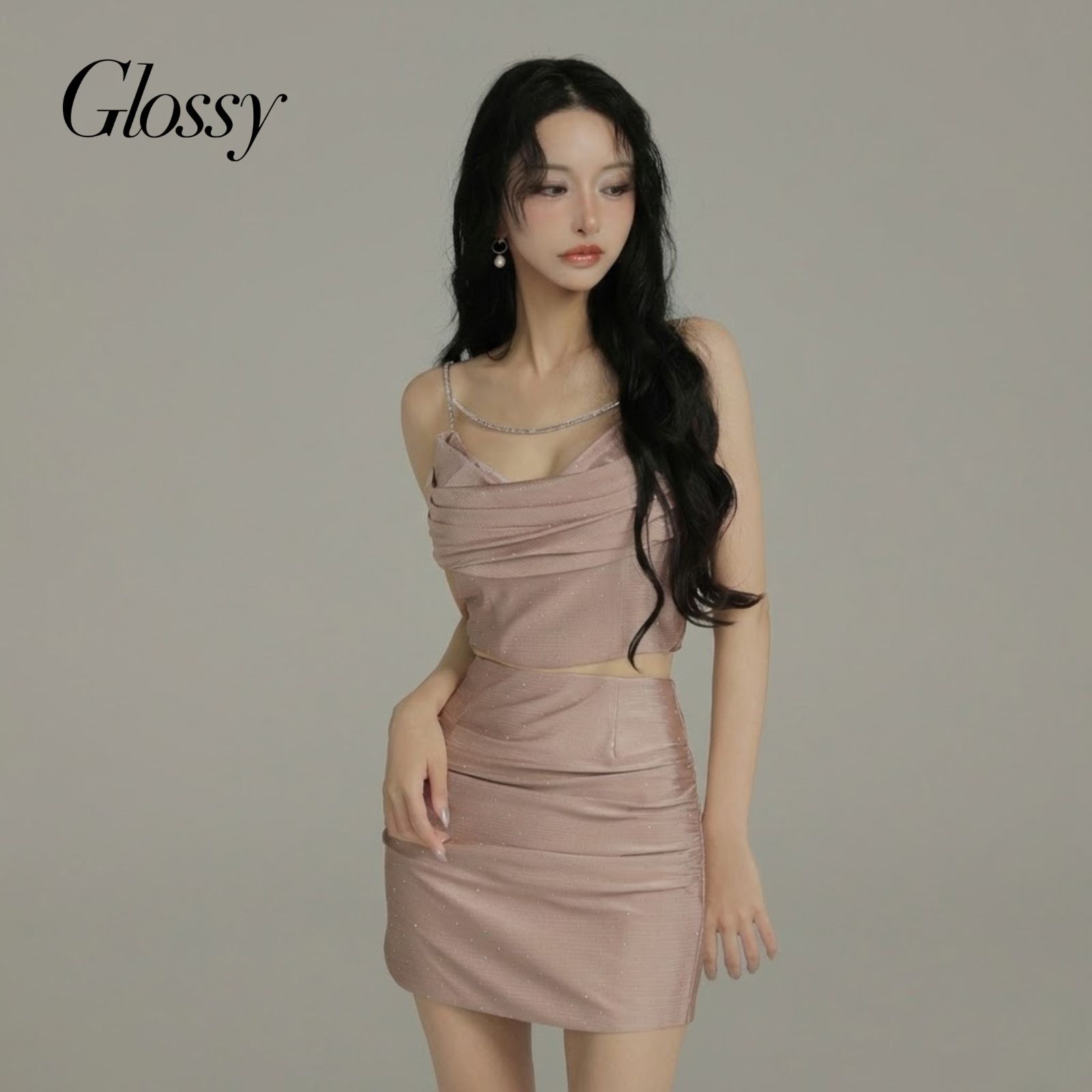 ROBE de FLEURS Glossy ローブドフルール グロッシー GL 3952 シアーギャザータイトキャミミニキャバドレス Latte