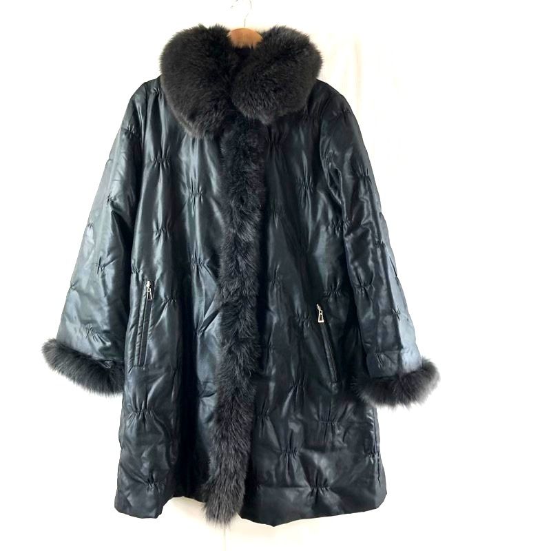 マッサバルド 富和 コート キルティング ブルーフォックスファー付き ベルト付き ブラック Lサイズ 960589