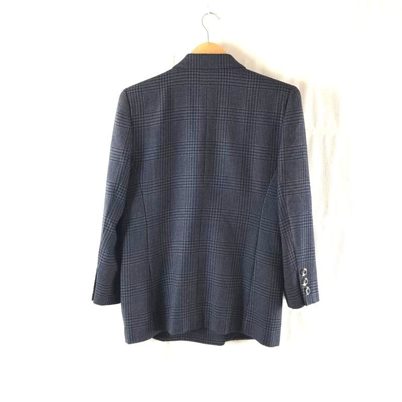 レリアン leilian ジャケット グレンチェック柄 ダブルボタン ポケット 肩パッド くすみブルー 紫 黒系 985722