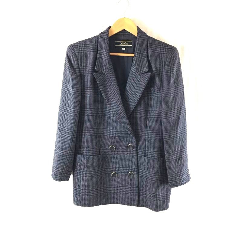 レリアン leilian ジャケット グレンチェック柄 ダブルボタン ポケット 肩パッド くすみブルー 紫 黒系 985722