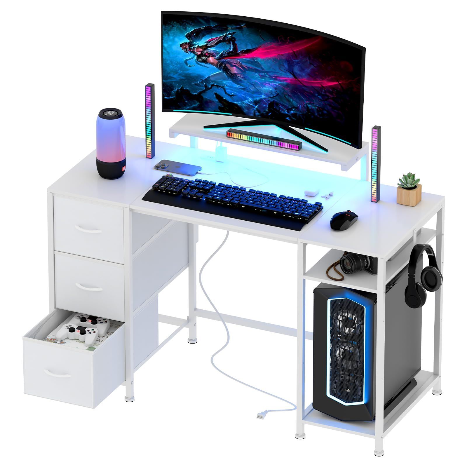 LunarLight パソコンデスク ゲーミングデスク モニター台高さ調節 コンセント付き 引き出し3杯 勉強机 机 pcデスク ワークデスク オフィス 左右入れ替え対応 棚高さ調節 computer desk テレワーク 収納たっぷり 書