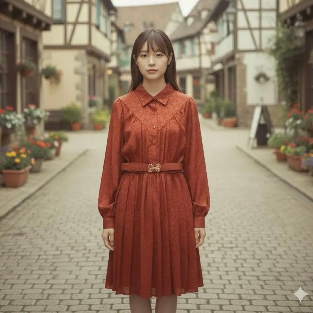 昭和レトロドット柄 長袖ロングワンピース ベルト付き 9号やや光沢あり