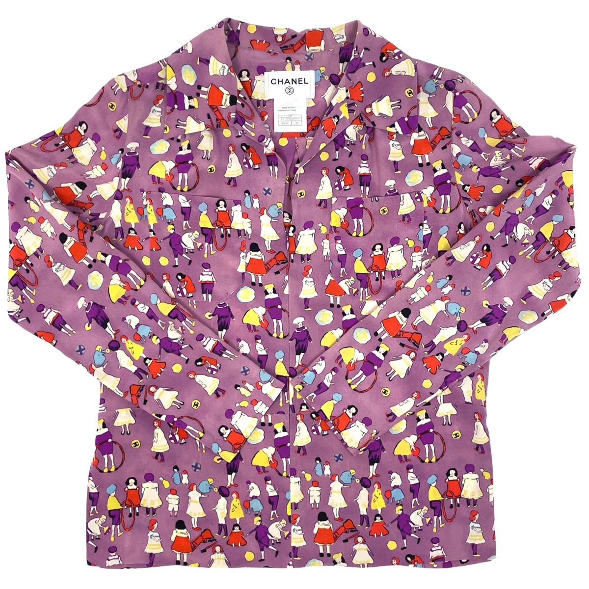 シャネル CHANEL ココマーク プリント 長袖シャツ 01 P ブラウス ジップ トップス シルク パープル マルチ レディース