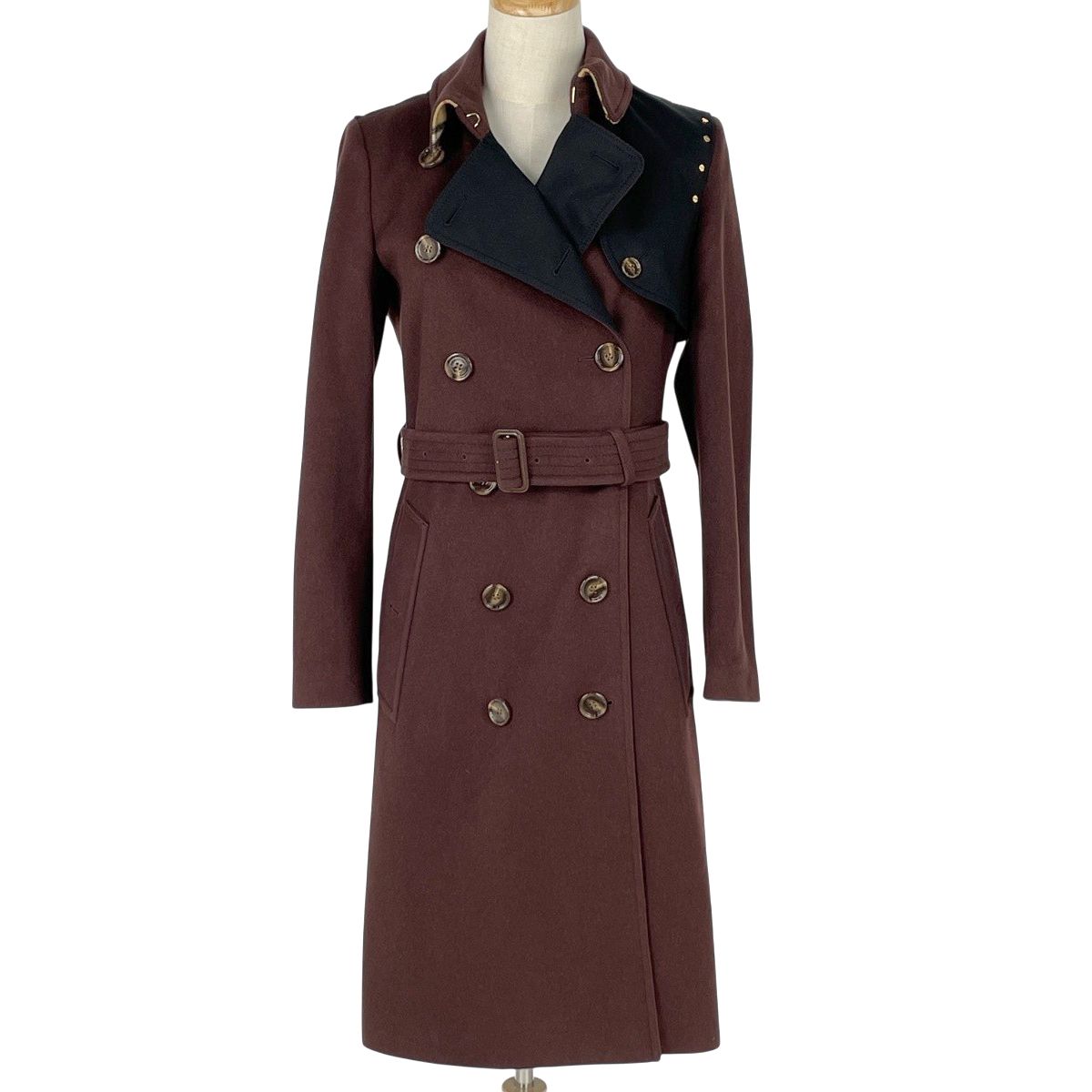 バーバリー BURBERRY トレンチコート スタッズ アウター カシミヤ ウール ブラウン ブラック レディース