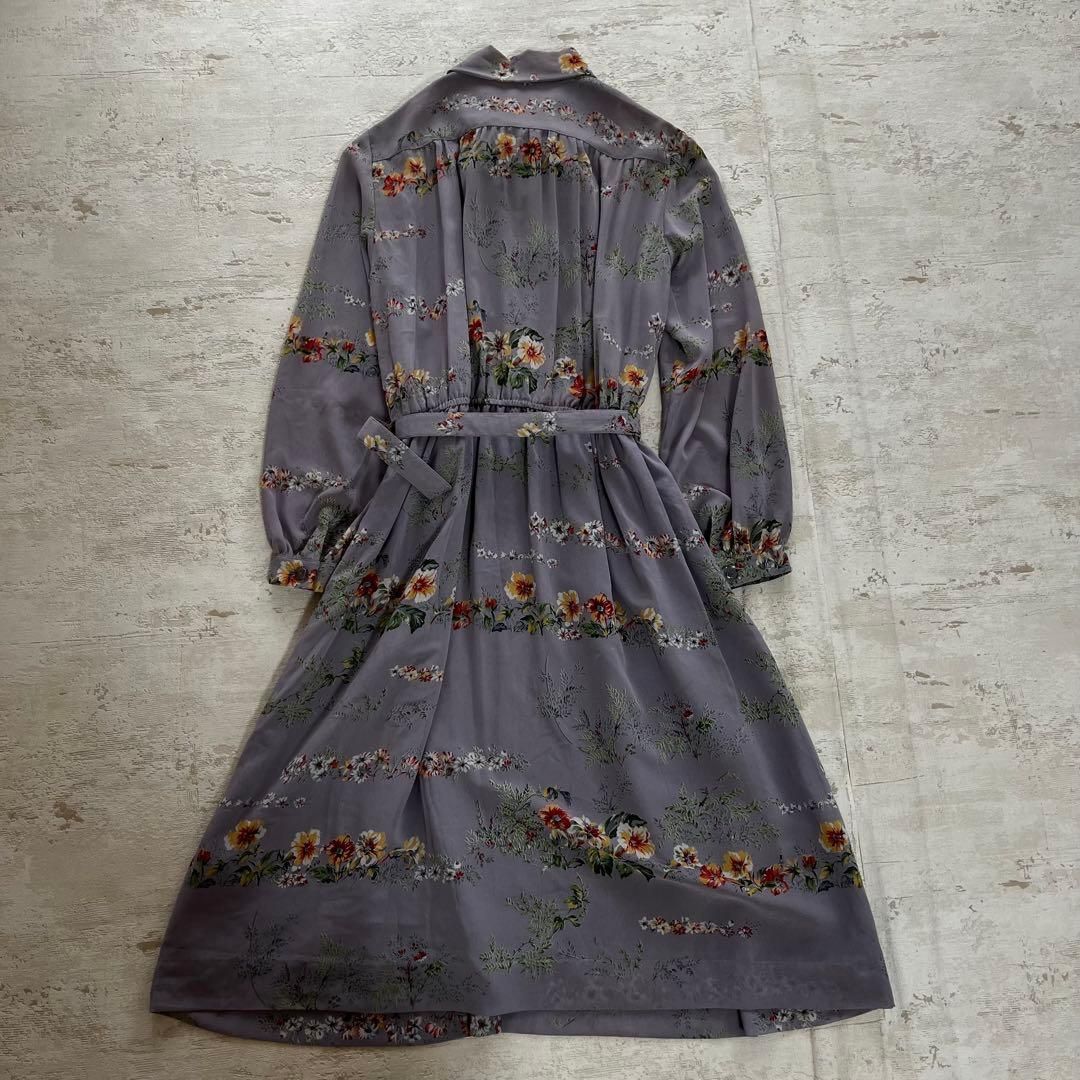  昭和レトロ 花柄リボン付き長袖ロングワンピース くすみ紫パープルベルト付き 長袖 七分袖 その他