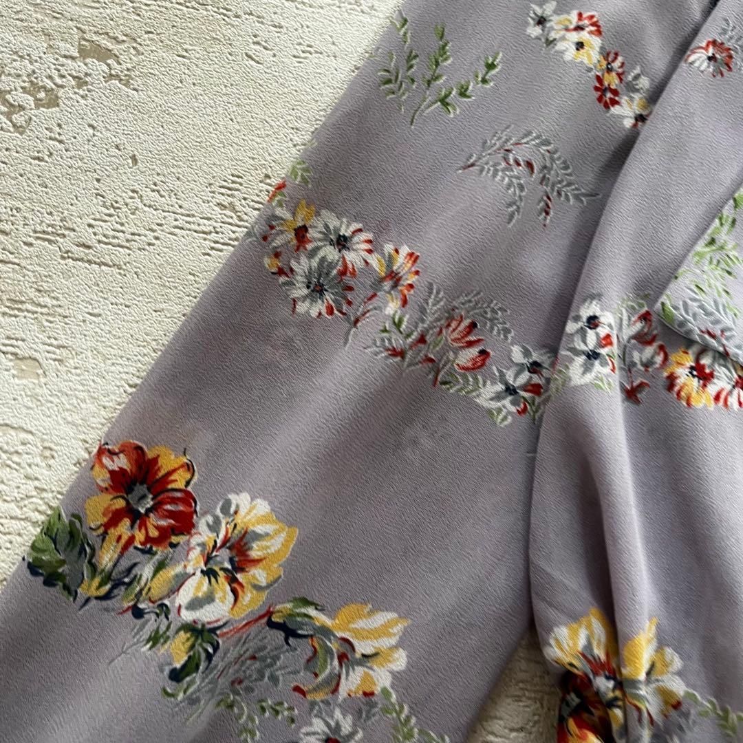 花柄リボン付き長袖ロングワンピース くすみ紫パープルベルト付き