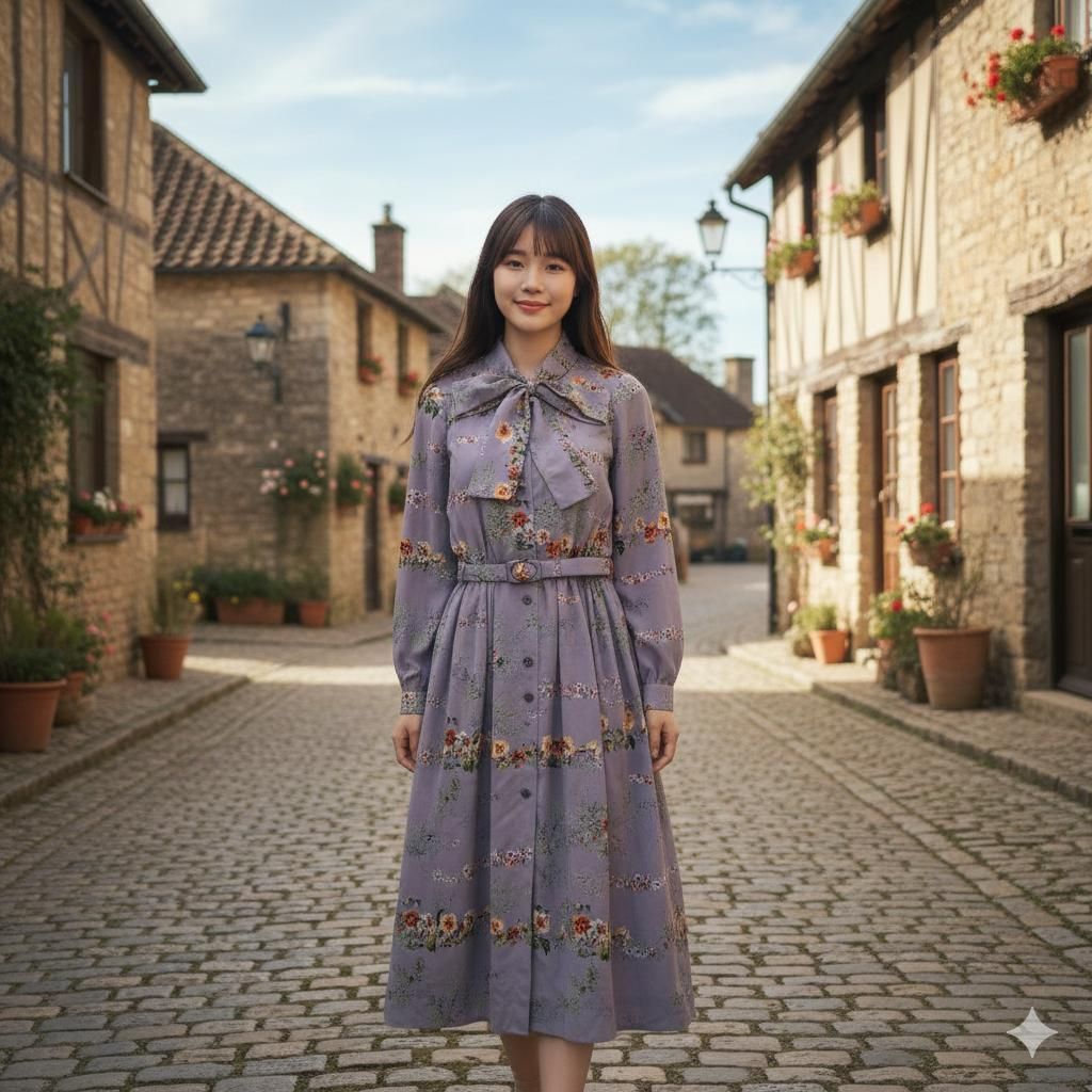 昭和レトロ 花柄リボン付き長袖ロングワンピース くすみ紫パープルベルト付き