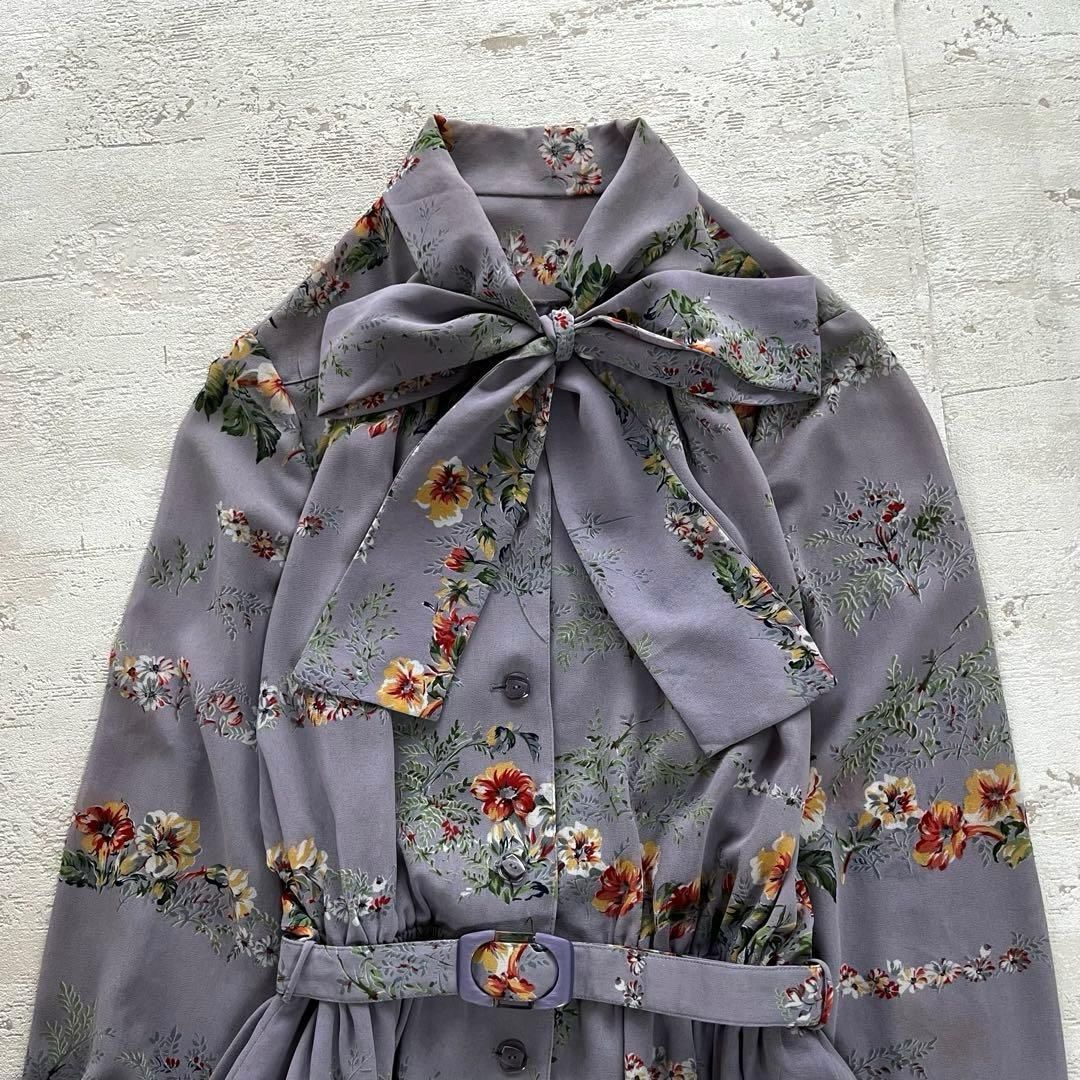 昭和レトロ 花柄リボン付き長袖ロングワンピース くすみ紫パープルベルト付き