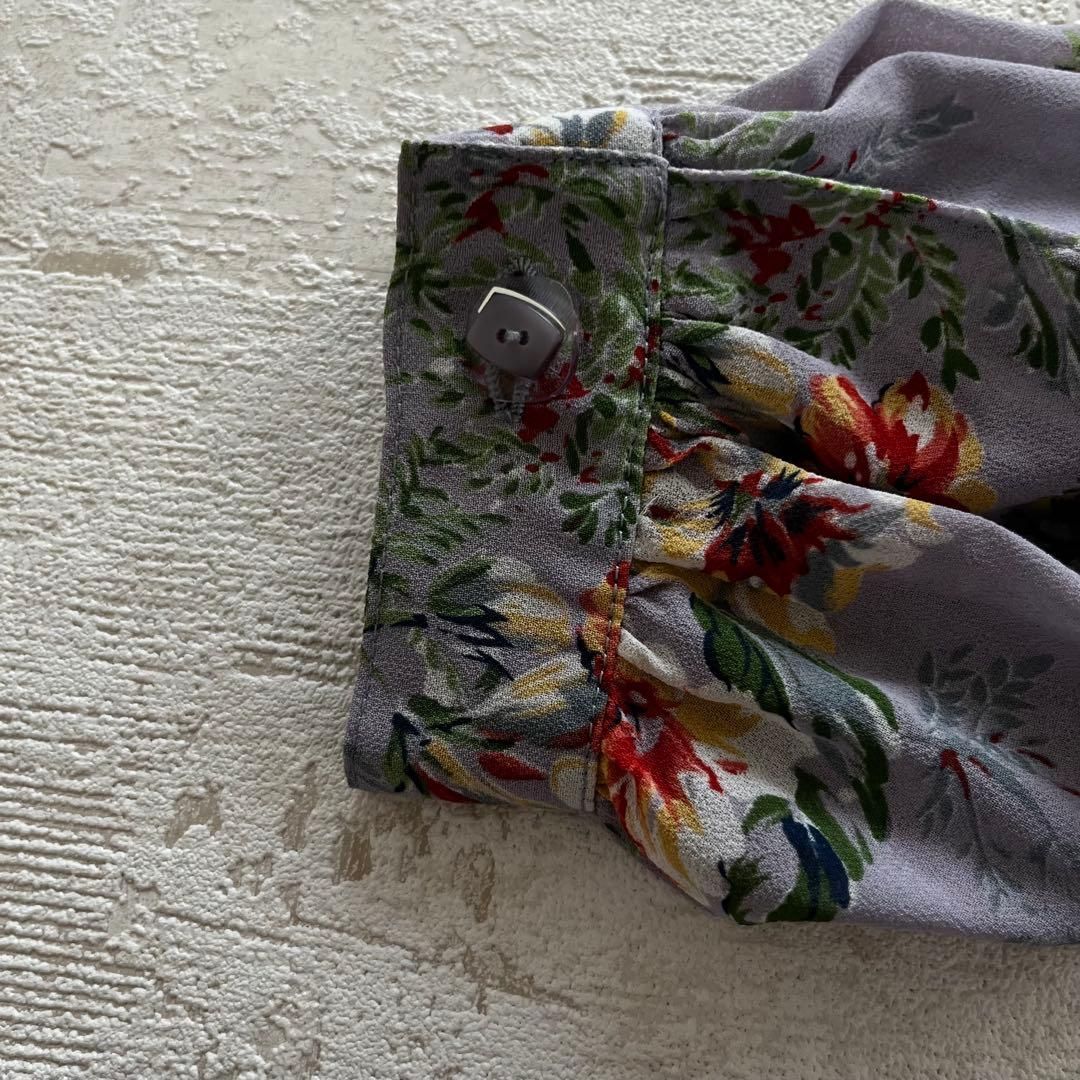 花柄リボン付き長袖ロングワンピース くすみ紫パープルベルト付き