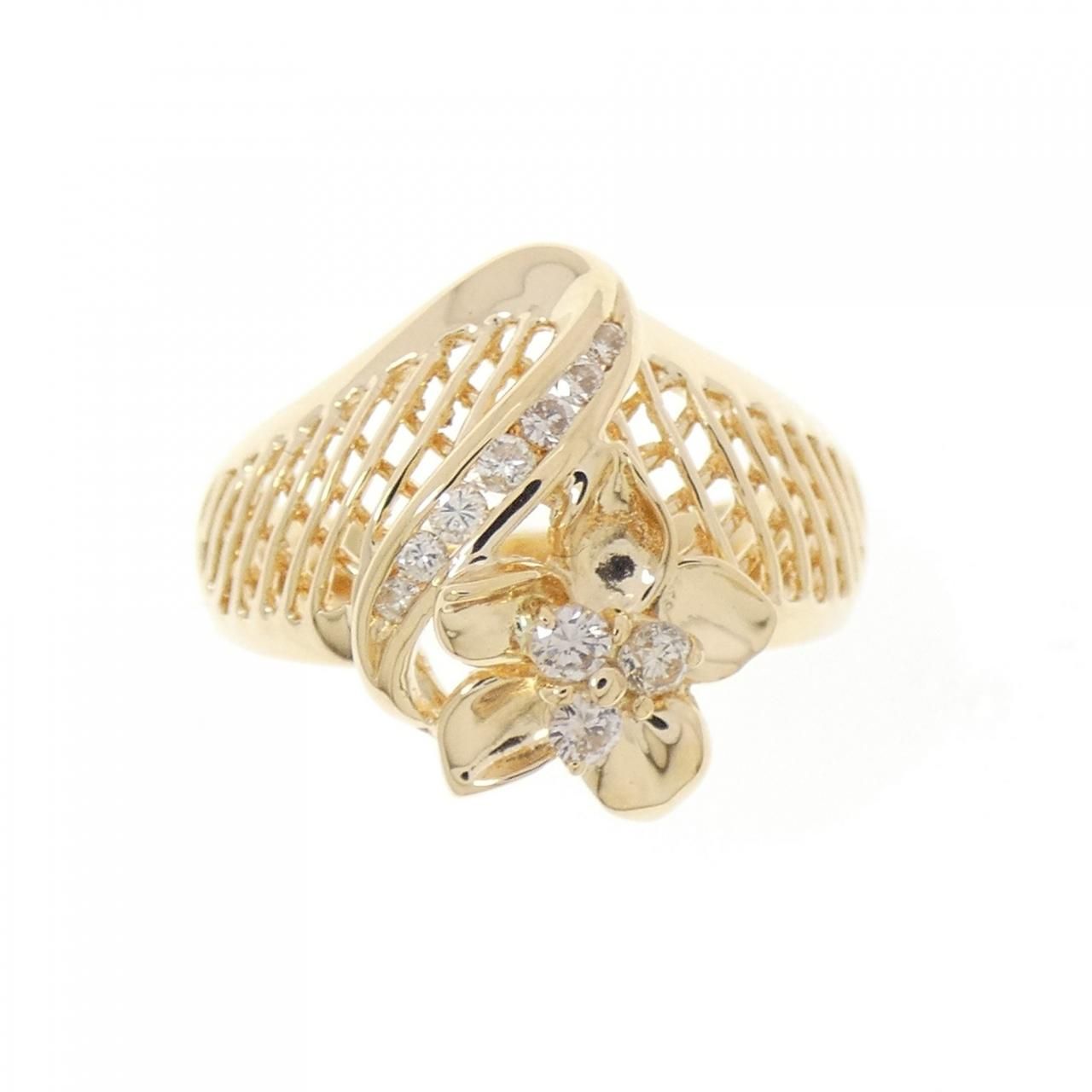 K 18 YG フラワー ダイヤモンド リング 0.16 CT