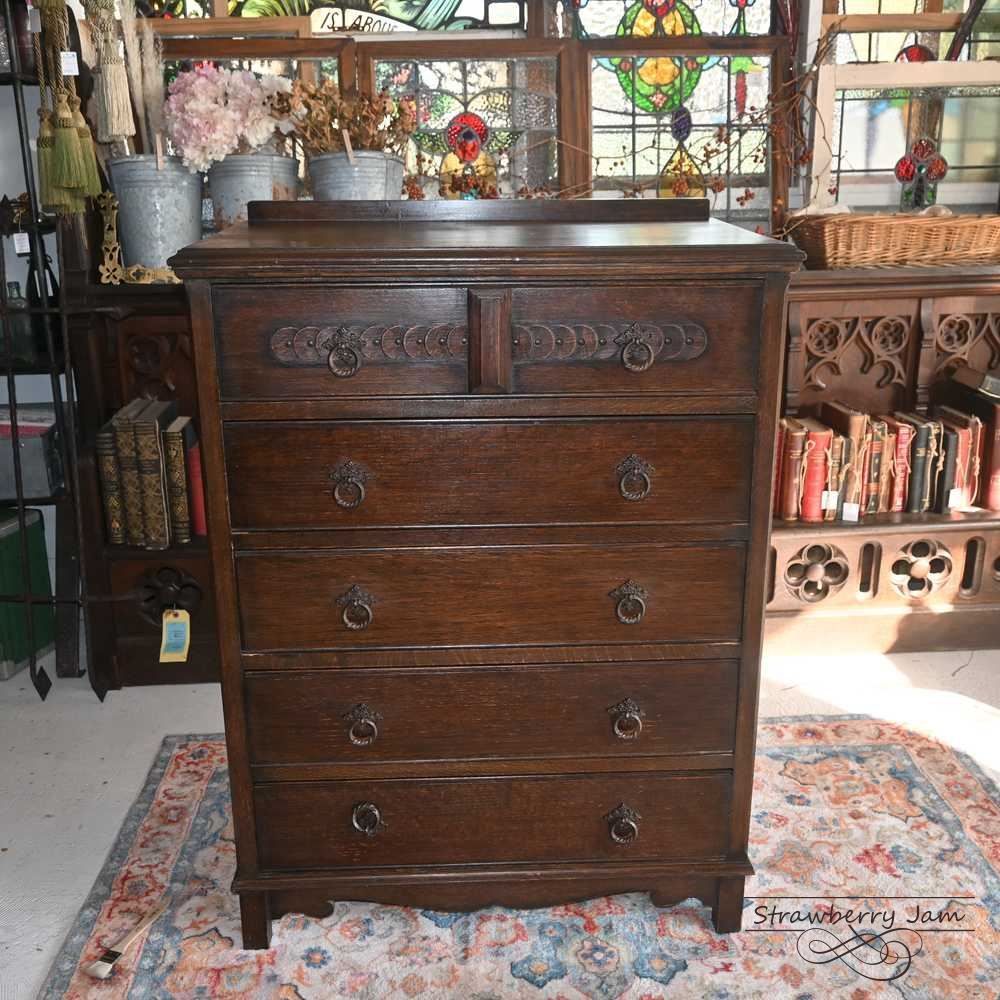 L3710-97 英国アンティーク オーク チェスト 5段 引き出し 収納 レンジ