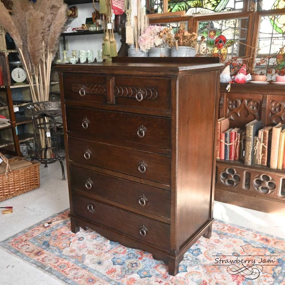 L 3710 97 英国アンティーク オーク チェスト 5段 引き出し 収納 レンジ台 花台 テーブル キャビネット パソコン台 インテリア イギリス