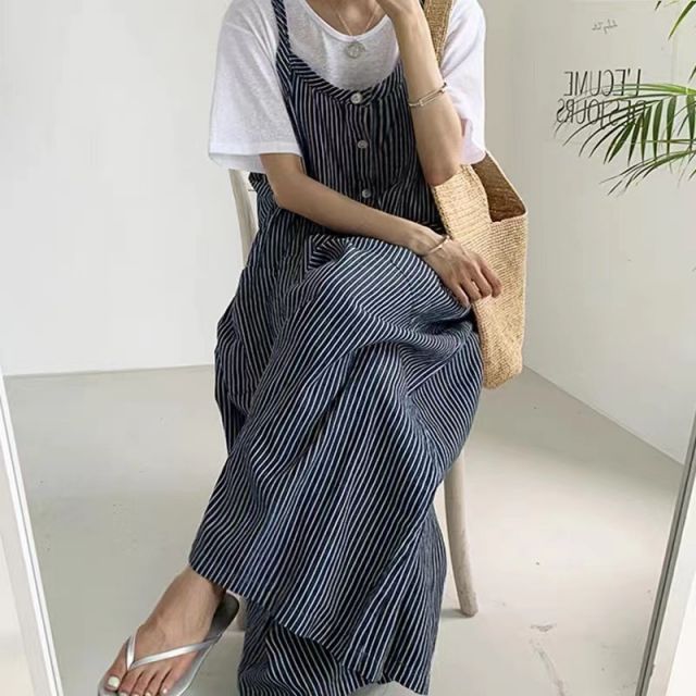 カジュアル ノースリーブーブ ストライプ柄 9分丈 ハイウエスト コンビネゾン[K](T)