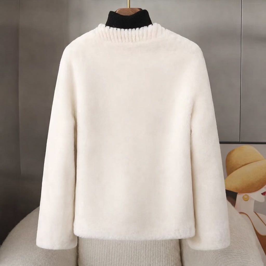 ラムスキン メリノウール ラウンドネック リアルファー ファーコート ショート丈 ジャケット コート ホワイト 白 シアリングコート