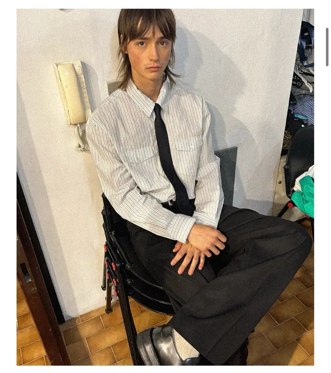 LMOOD - ベルトコットンシャツ 白 ストライプ サイズ48