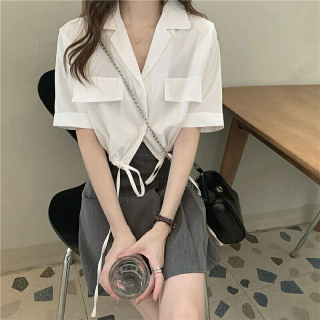 帯結び シングルブレスト ブラウス トレンド 通勤 韓国ファッション ショート トップス[K](T) 夏服 新作 フリルブラウス 半袖 Vネック ショート丈 トップス オルチャン 学生 デート 韓国ファッション （ブラック）