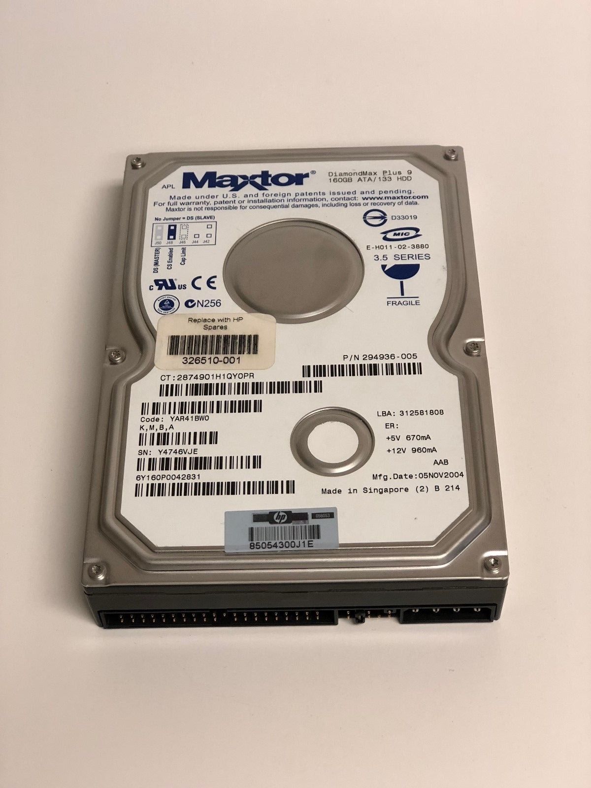 1年保証 再生品 326510-001 HP MAXTOR 294936-001 160 GB 3.5 HARD DRIVE