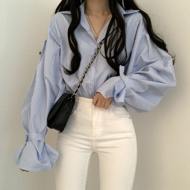 ブラウス 人気シャツ トップス 韓国風 レディース服 2024年春夏新作 ランタンスリープ (T)