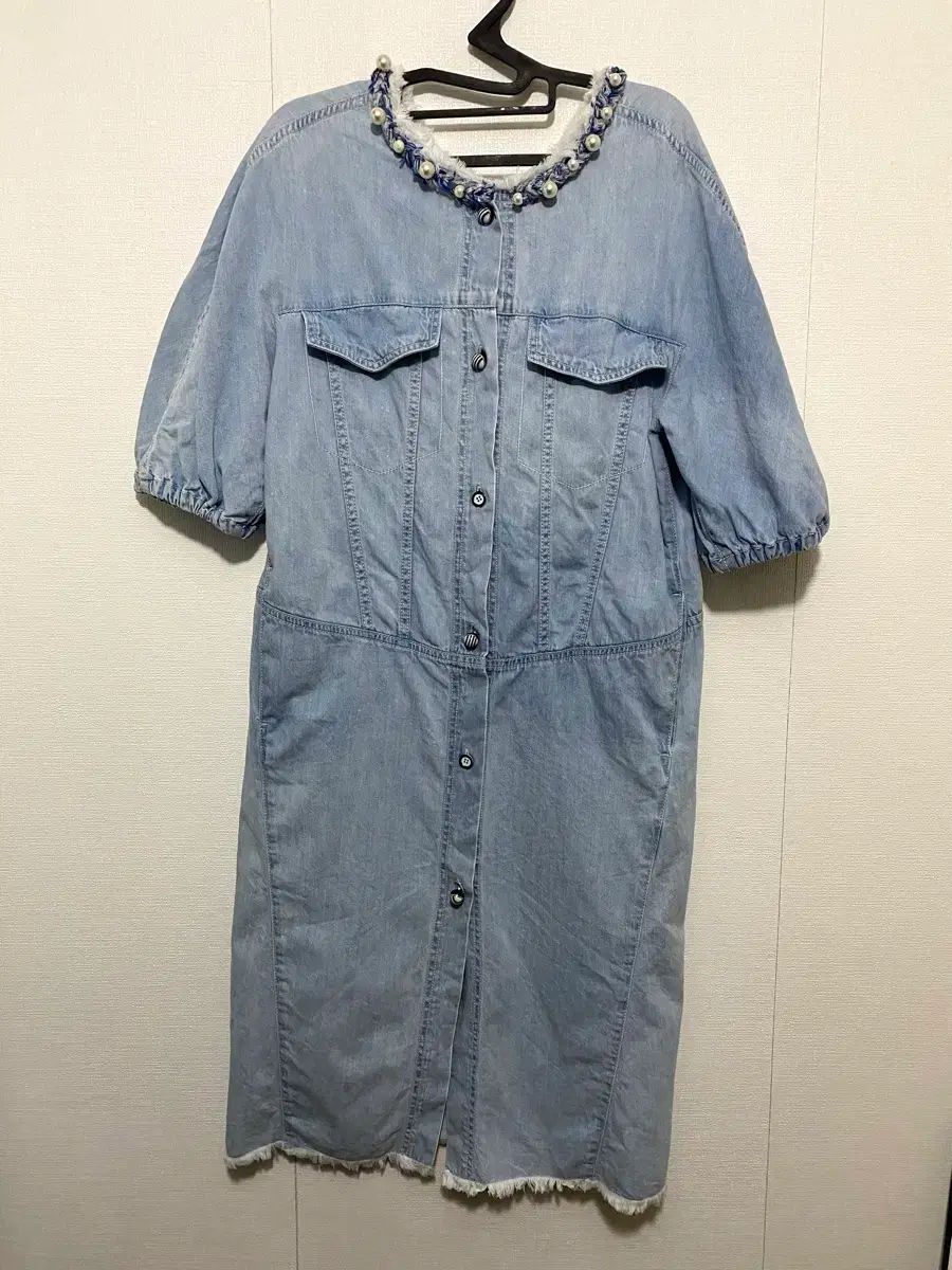  O 2 nd パール POINT デニム ONE PIECE 長袖 七分袖 ひざ丈ワンピース