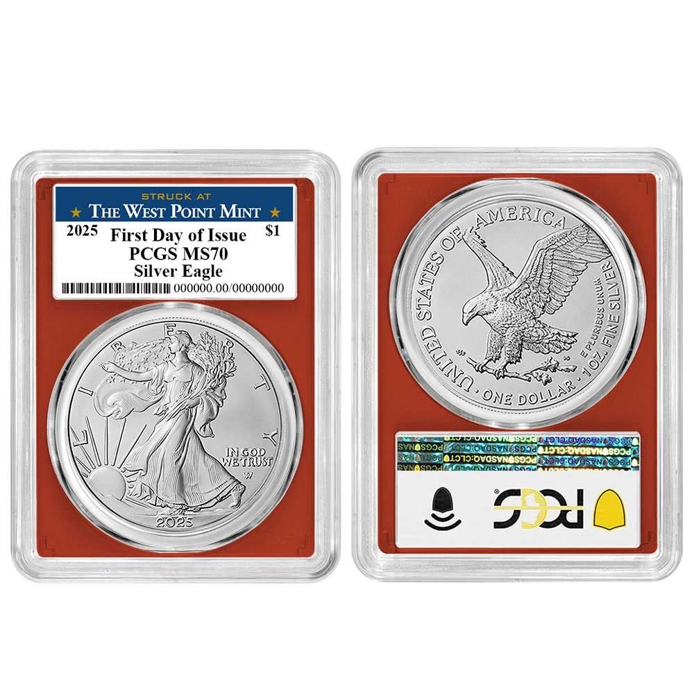 セット 1ドル 1オンス アメリカン シルバー イーグル PCGS MS 70 FDOI ウェストポイント ラベル