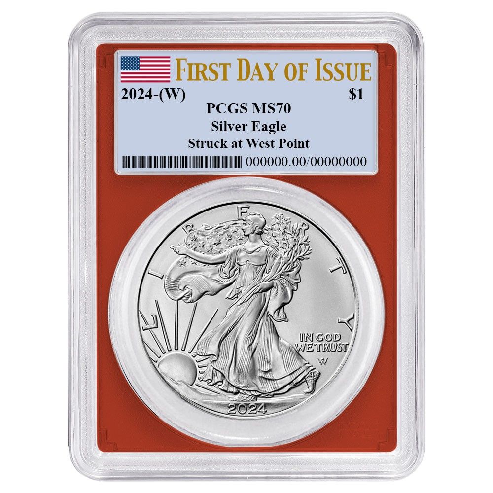 W 1ドル 1オンス アメリカン シルバー イーグル PCGS MS 70 FDOI 旗ラベル レッドフレーム
