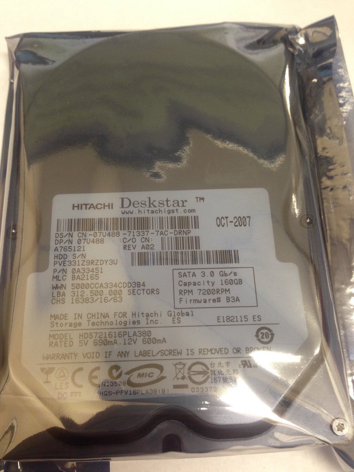 90日保証 再生品 HITACHI 160 GB 7.2 K RPM SATA HARD DRIVE 0 A 33451 DP N 07 U 488