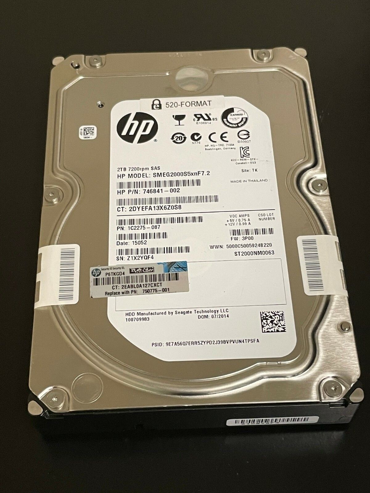 90日保証 再生品 HP 746841 002 Seagate 2 TB 3 5 in LFF 6 Gbps 7 k FIPS 512 n SAS HDD