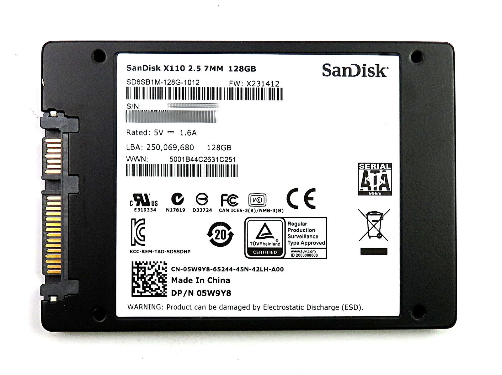 90日保証 再生品 05 W 9 Y 8 Dell 5 128 GB 2 SATA Solid State Drive SanDisk X 110 7 MM SD 6 SB 1 M G