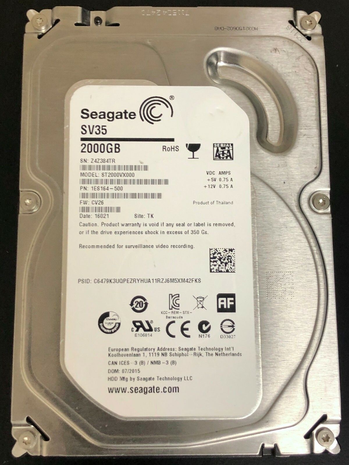 90日保証 再生品 Seagate 2 TB 7.2 K 3.5 SATA HDD Surveillance NAS Hard Drive