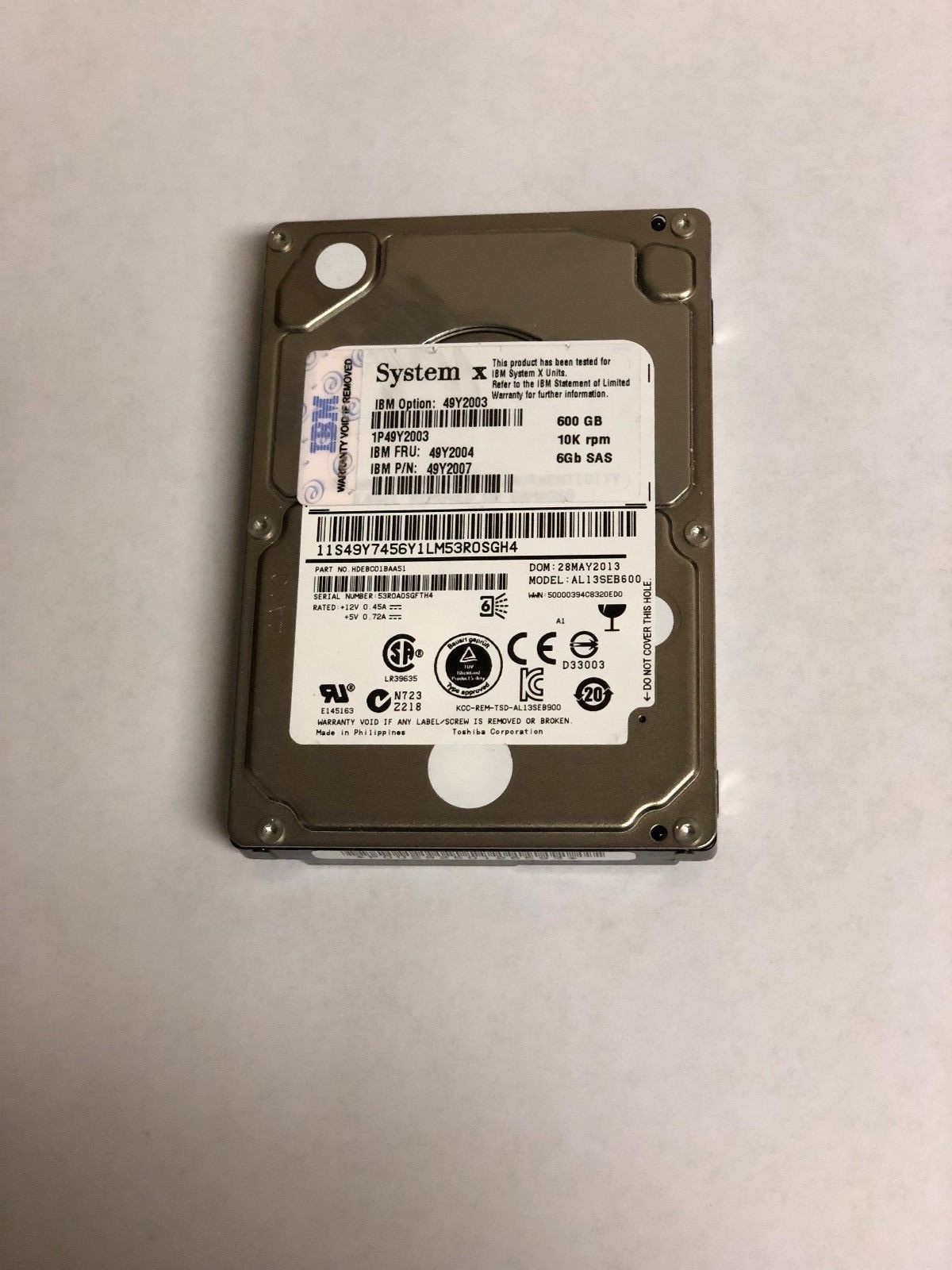 90日保証 再生品 49 Y 2007 IBM 600 GB SAS 6 Gbps 10 K RPM 2.5 Hard Drive 3 2004 W O TRAY