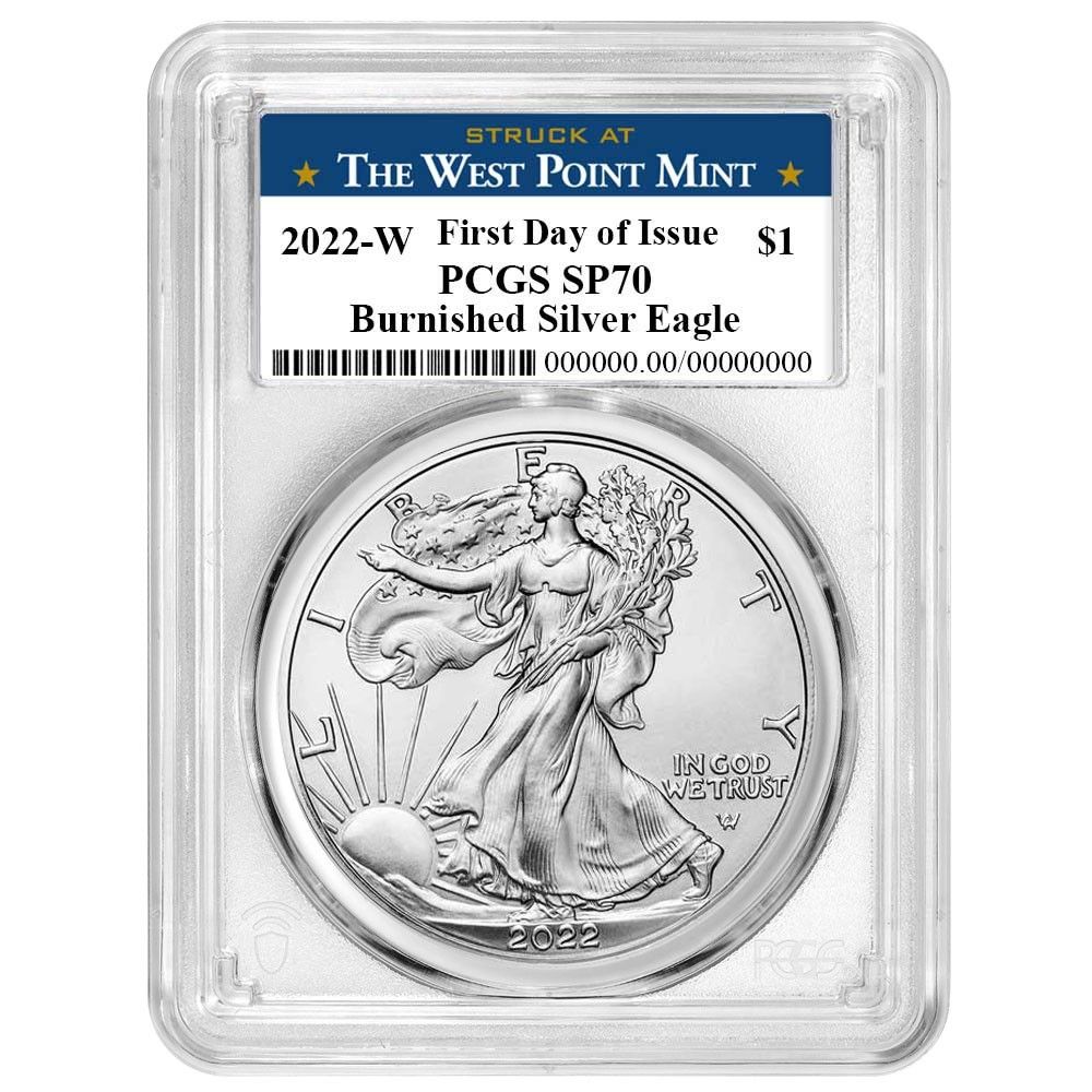 2025-W 1 1オンス バーニッシュド アメリカン シルバー イーグル PCGS SP 70 FDOI ウェストポイント ラベル