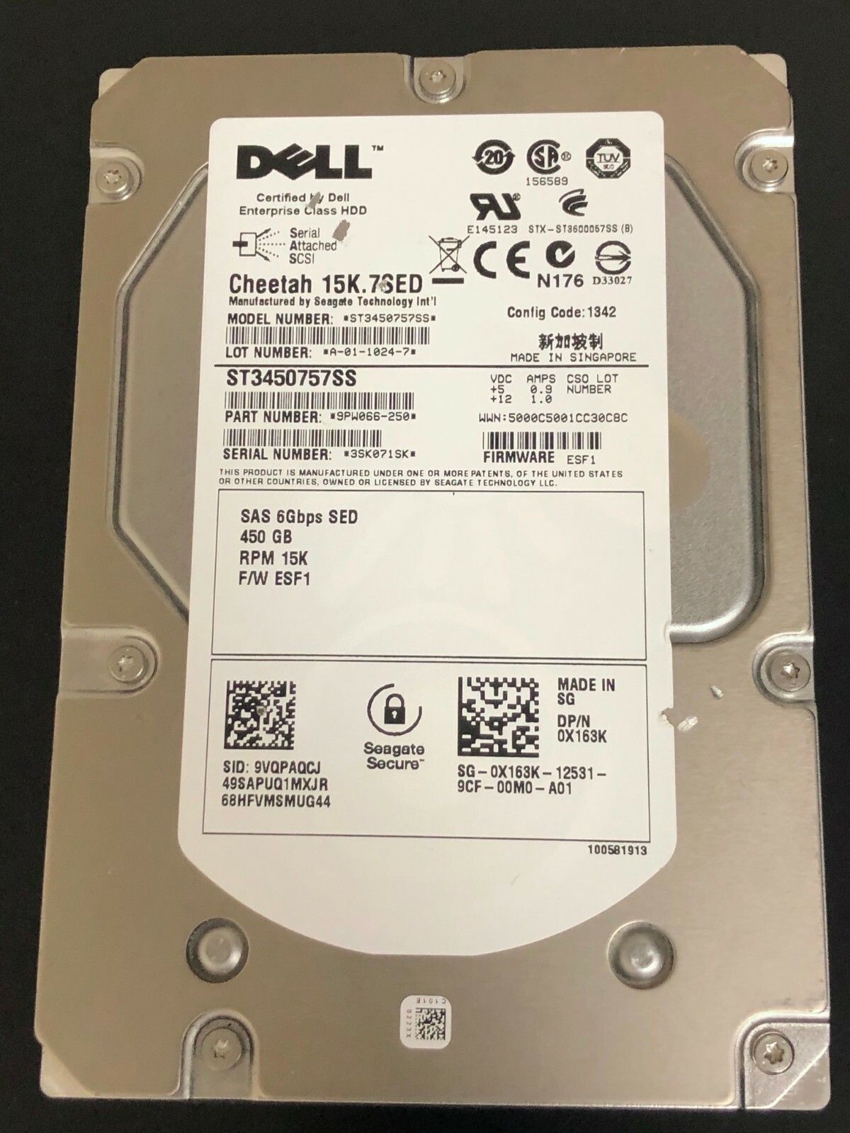 90日保証 再生品 Dell 450 GB 6 G 15 K 3.5 SAS X 163 0 HDD HARD DRIVE W O TRAY
