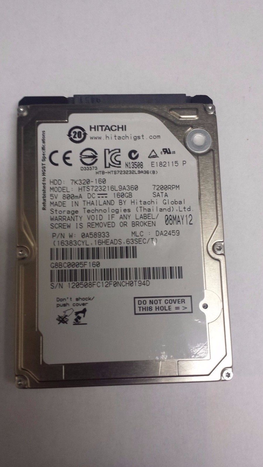 90日保証 再生品 Hitachi 160 GB 7.2 K SATA 2 2.5 Hard Drive 7 320-160