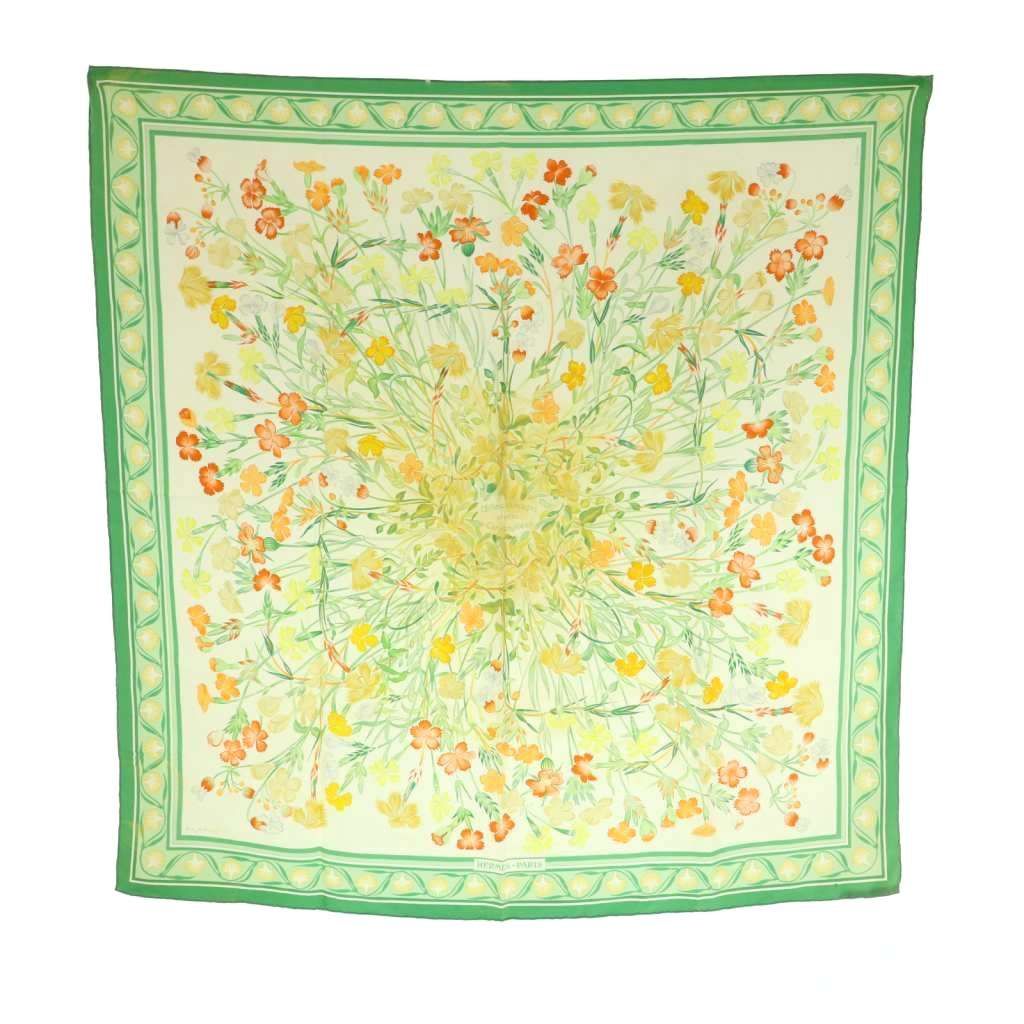 エルメス HERMES OEillets sauvages et autres Caryophyllees カレ90 スカーフ シルク 花柄 グリーン 緑色 マルチ MI OS OH