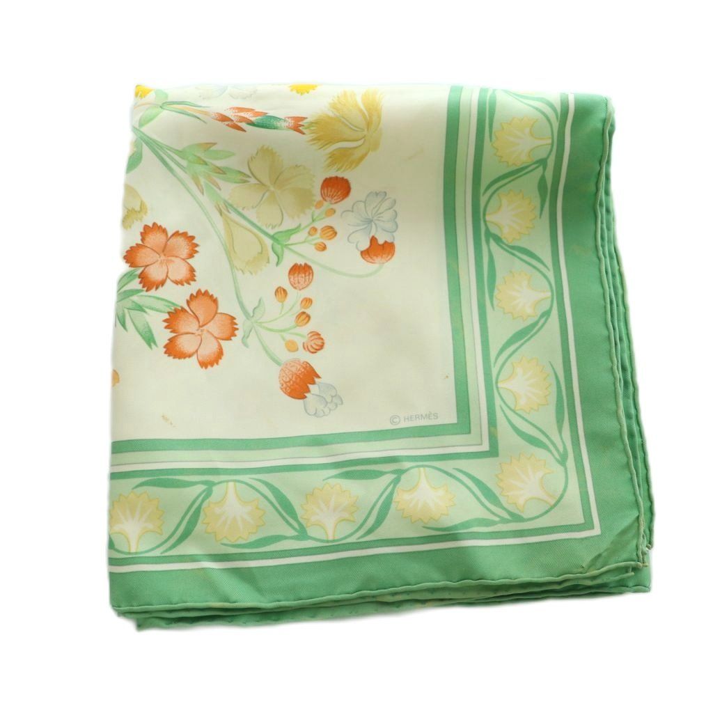 エルメス HERMES OEillets sauvages et autres Caryophyllees カレ90 スカーフ シルク 花柄 グリーン 緑色 マルチ MI OS OH