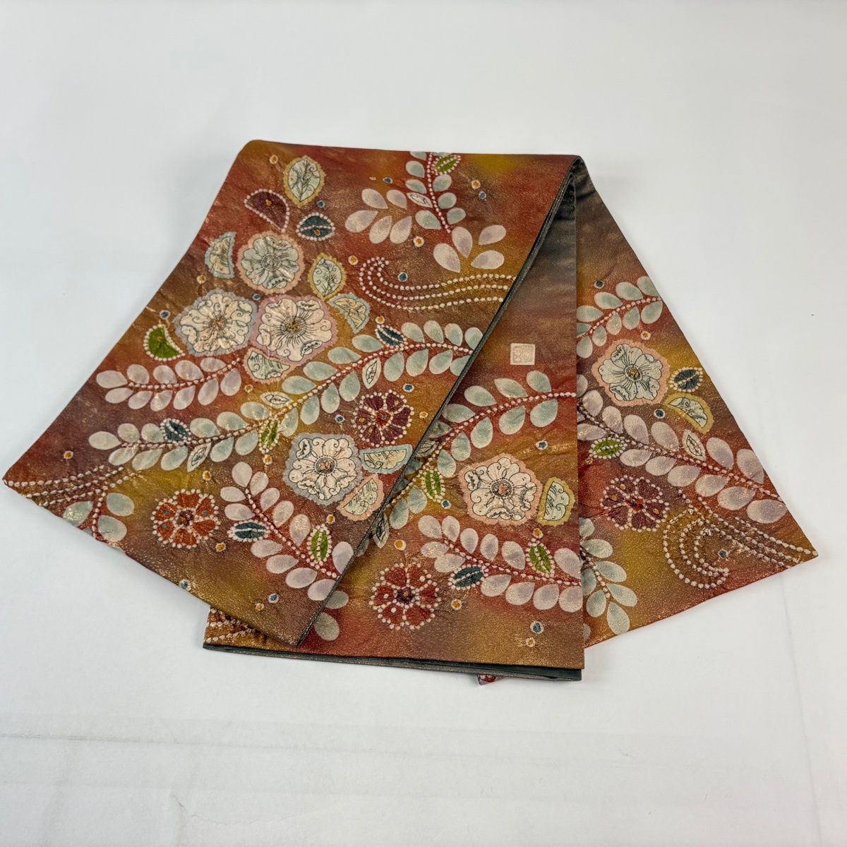 美品】 袋帯 名品 落款 辻が花 金糸 箔 茶色 お太鼓柄 正絹 【中古